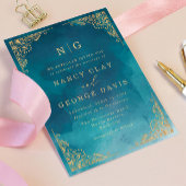 Elegante Monogram Gouden Grens Groene Huwelijk Kaart