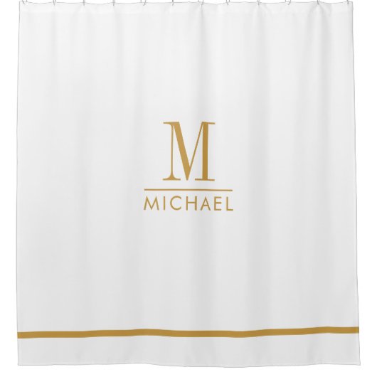 Elegante Monogram Gouden Script Naam Wit Douchegordijn (Voorkant)
