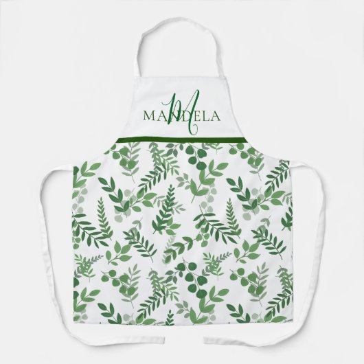Elegante Monogram Groen Blad Patroon Schort (Voorkant)