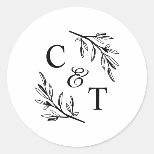 Elegante Monogram Groen Bladeren Bruiloft Ronde Sticker (Voorkant)