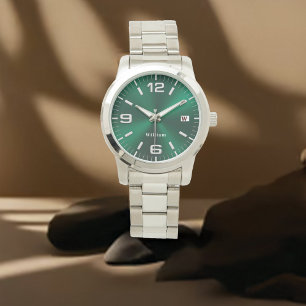 Elegante monogram groen geborsteld metaal horloge