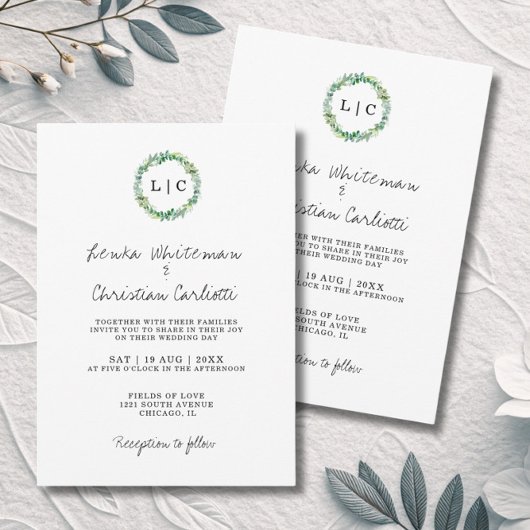 Elegante Monogram Groen QR Code Huwelijk Kaart