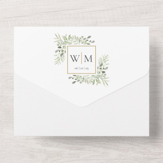 Elegante Monogram Groene Bladeren Trouw  All In One Uitnodiging (Achterkant)