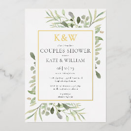 Elegante Monogram Groene Huwelijksfeest Goud Folie Uitnodiging