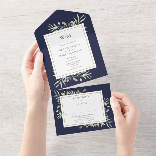 Elegante Monogram Groene Navy Blauwe Trouw All In One Uitnodiging (Afscheurbaar)