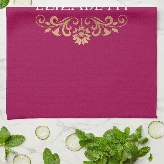 Elegante Monogram Hot Pink Gouden Keuken Handdoek (Gevouwen)