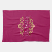 Elegante Monogram Hot Pink Gouden Keuken Handdoek (Horizontaal)