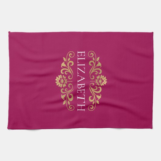 Elegante Monogram Hot Pink Gouden Keuken Handdoek (Horizontaal)