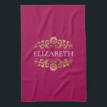 Elegante Monogram Hot Pink Gouden Keuken Handdoek<br><div class="desc">Een elegante en chique hete roze en gouden bloeiende monogram keukendoek. Voeg jouw naam toe tussen de gouden bloesem aan de voorkant. Ontworpen voor u door Blackberry Boulevard.</div>