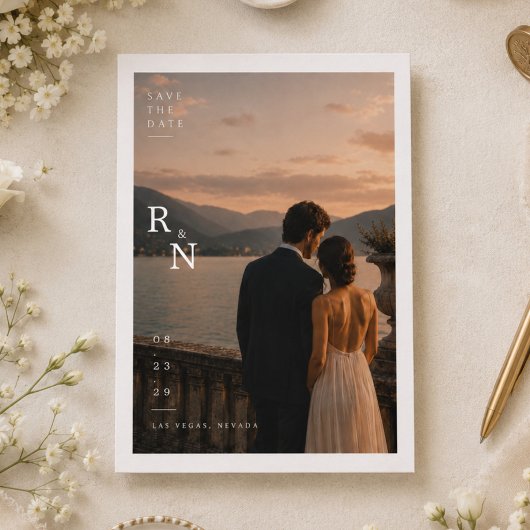 Elegante Monogram Huwelijk Save The Date Foto Kaar
