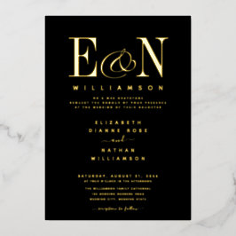 Elegante Monogram Huwelijk Zwart Goud Folie Uitnodiging