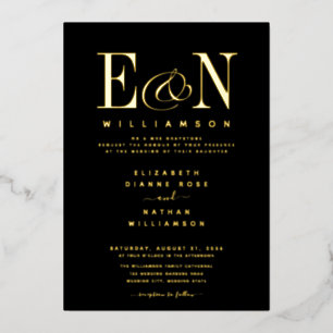 Elegante Monogram Huwelijk Zwart Goud Folie Uitnodiging
