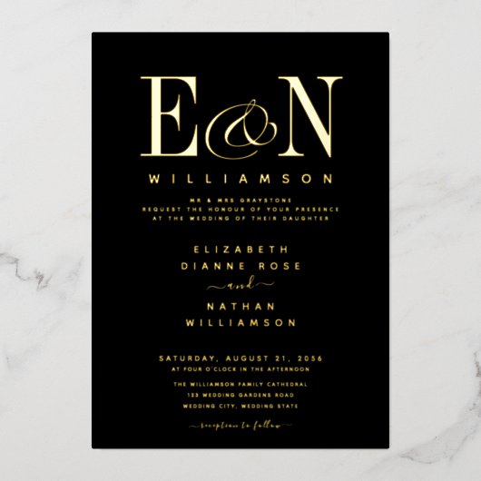 Elegante Monogram Huwelijk Zwart Goud Folie Uitnodiging (Voorkant)