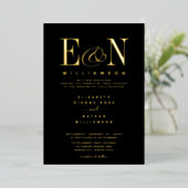 Elegante Monogram Huwelijk Zwart Goud Folie Uitnodiging (Staand Voorkant)