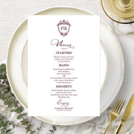 Elegante Monogram Huwelijksmenu Kaarten Burgundy