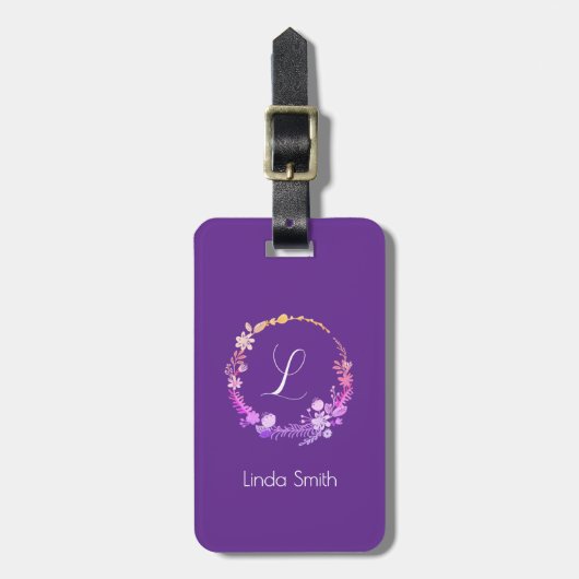 Elegante monogram initiaal aangepaste naam paarse  bagagelabel (Voorkant verticaal)