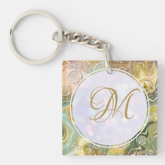 Elegante Monogram Initiaal Abstract Goud Marmer Sleutelhanger (voorkant)