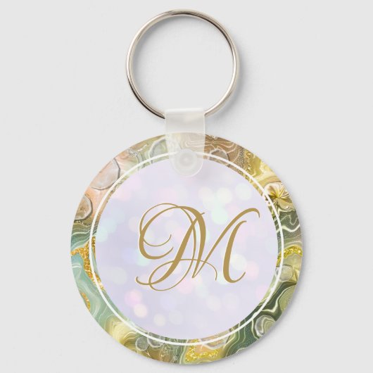 Elegante Monogram Initiaal Abstract Goud Marmer Sleutelhanger (Voorkant)