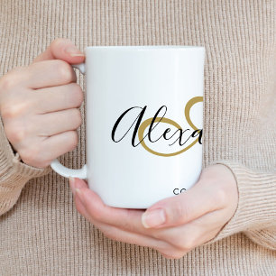 Elegante Monogram Initiaal Naam Zwart Goud Schrift Koffiemok