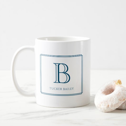 Elegante Monogram Initiaal Navy Blauwe Rand Koffiemok (Met donut)