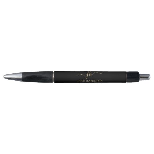 Elegante Monogram Initiaal Script Naam Zwart Goud Pen (Voorkant)