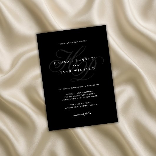 Elegante Monogram Initiaal Zwart Bruiloft Kaart