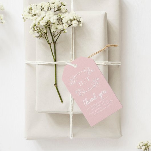 Elegante Monogram Kalligrafie Roze Bruiloft Cadeaulabel