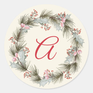 Elegante Monogram Kerstkrans Familie Foto Ronde Sticker