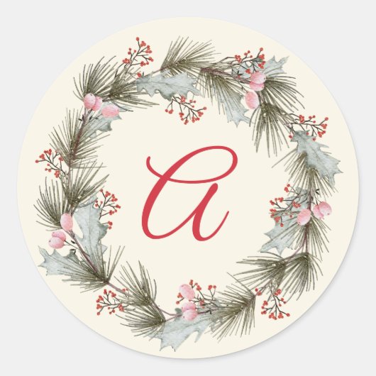 Elegante Monogram Kerstkrans Familie Foto Ronde Sticker (Voorkant)