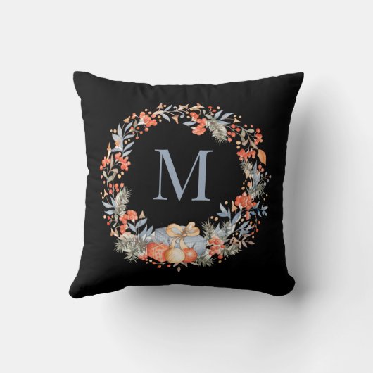 Elegante Monogram Kerstkrans Stofblauw Kussen (Achterkant)