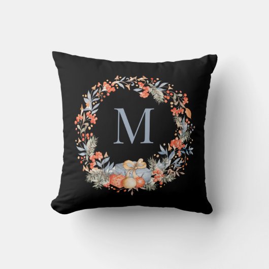 Elegante Monogram Kerstkrans Stofblauw Kussen (Voorkant)