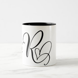 ELEGANTE MONOGRAM KLEUR ZWARTE LETTER "R" TWEEKLEURIGE KOFFIEMOK