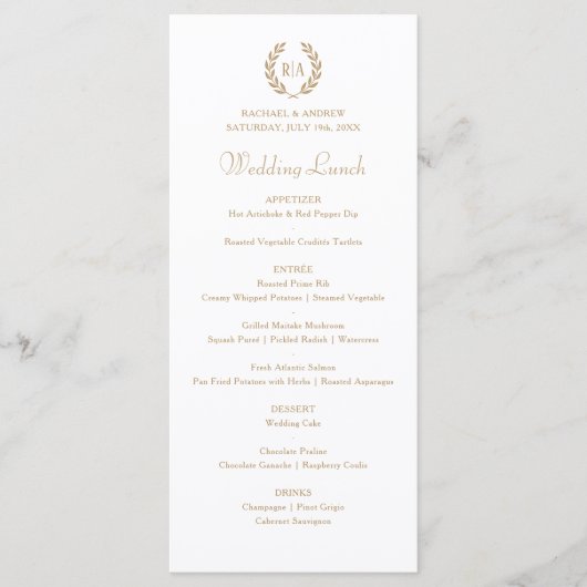 Elegante Monogram Krans Goud Wit Bruiloft Menu (Voorkant)