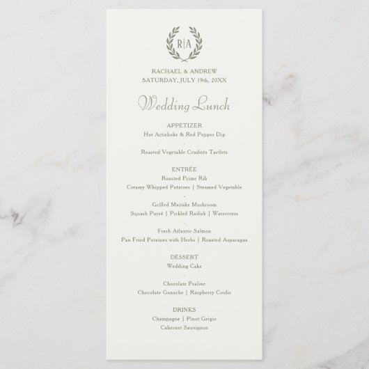 Elegante Monogram Krans Green Cream Wedding Menu (Voorkant)