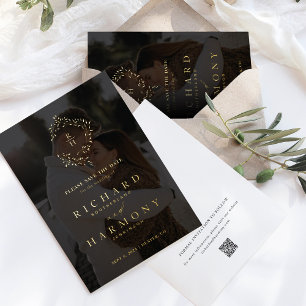 Elegante Monogram Krans Zwart Foto Save the Date Folie Uitnodiging