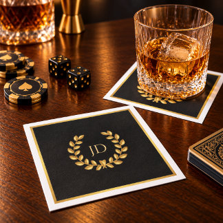 Elegante Monogram Lauwerkrans Gouden Rand Zwart Servet
