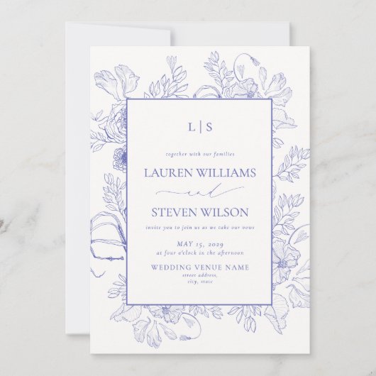 Elegante Monogram Lavendel Bloemenlijn Kunst Trouw Kaart (Voorkant)