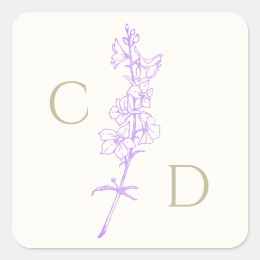 Elegante Monogram Lavendel Ridderspoor Bloemstuk  Vierkante Sticker (Voorkant)