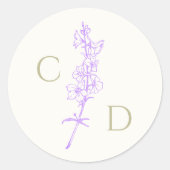 Elegante Monogram Lavendel Ritterspoor Bloem  Ronde Sticker (Voorkant)