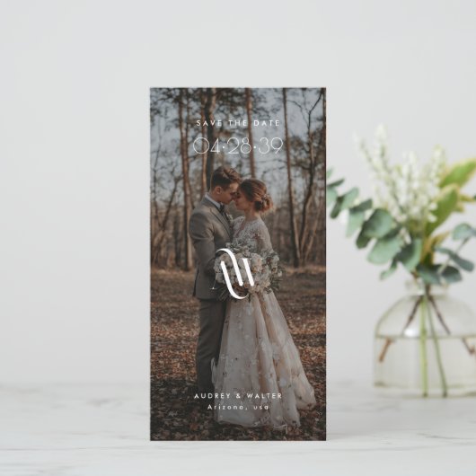 Elegante Monogram Lesezeichen QR-code Rustieke Fot Save The Date (Staand voorkant)