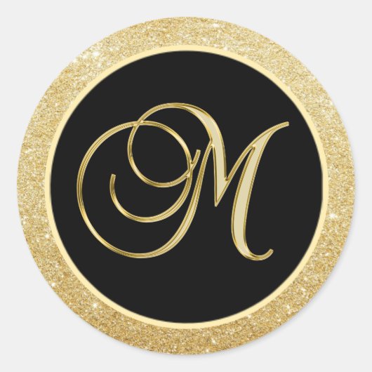 Elegante Monogram Letter M Zwart Goud Glitter Seal Ronde Sticker (Voorkant)
