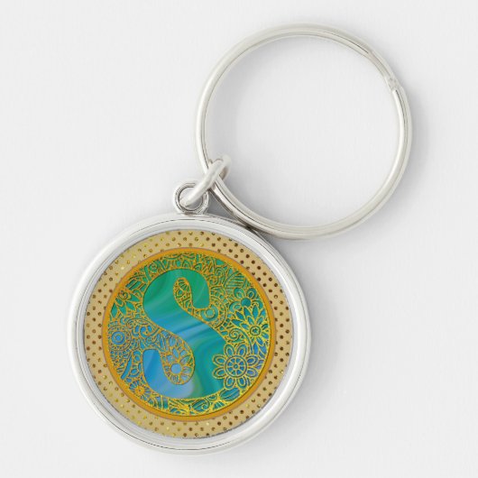 Elegante Monogram Letters Turquoise & Goud Glitter Sleutelhanger (Voorkant)