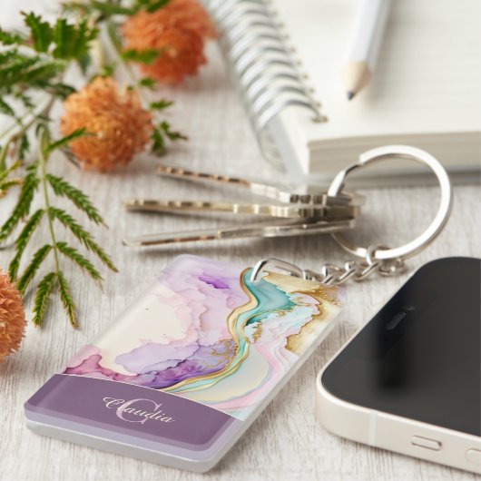 Elegante Monogram Marmeren Vloeibare Inkt Sleutelhanger (Voorkant Rechts)