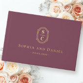 Elegante monogram mauve bruiloft namen datum folie gastenboek