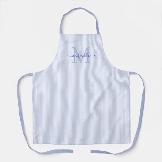 Elegante Monogram Menukaart Blauwe Streep Schort (Voorkant)
