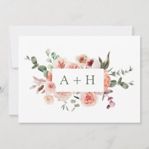Elegante Monogram met Waterverf Roze Rozen Bedankkaart