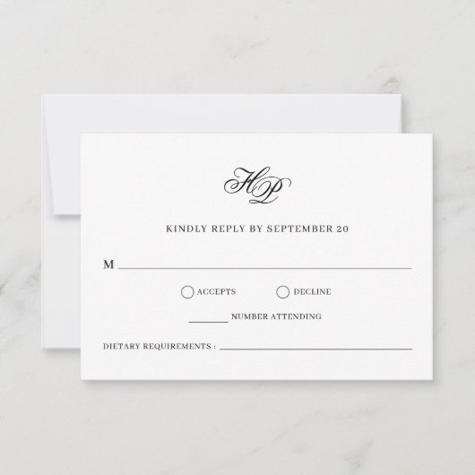 Elegante Monogram Minimale Zwart-wit bruiloft RSVP Kaartje (Voorkant)