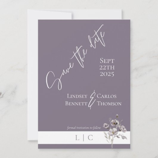 Elegante monogram minimalistische paarse kalligraf save the date (Voorkant)