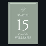 Elegante Monogram Modern Script Sage Green Wedding Kaart<br><div class="desc">Leid uw gasten naar hun stoelen met stijl met behulp van onze Elegant Monogram Modern Script Sage Green Trouwtafel Nummer kaarten. Deze prachtig ontworpen kaarten hebben een luxe salie groen en wit palet, perfect voor het toevoegen van een vleugje sophisticatie aan elke formele aangelegenheid. Het verfijnde kalligrafiescript en het klassieke...</div>