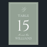 Elegante Monogram Modern Script Sage Green Wedding Kaart<br><div class="desc">Leid uw gasten naar hun stoelen met stijl met behulp van onze Elegant Monogram Modern Script Sage Green Trouwtafel Nummer kaarten. Deze prachtig ontworpen kaarten hebben een luxe salie groen en wit palet, perfect voor het toevoegen van een vleugje sophisticatie aan elke formele aangelegenheid. Het verfijnde kalligrafiescript en het klassieke...</div>